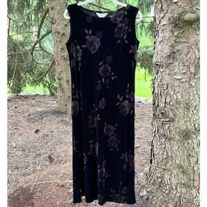 Vintage Dark Floral Velvet Maxi Dress Large Black Stretch USA Fairy Whimsigoth